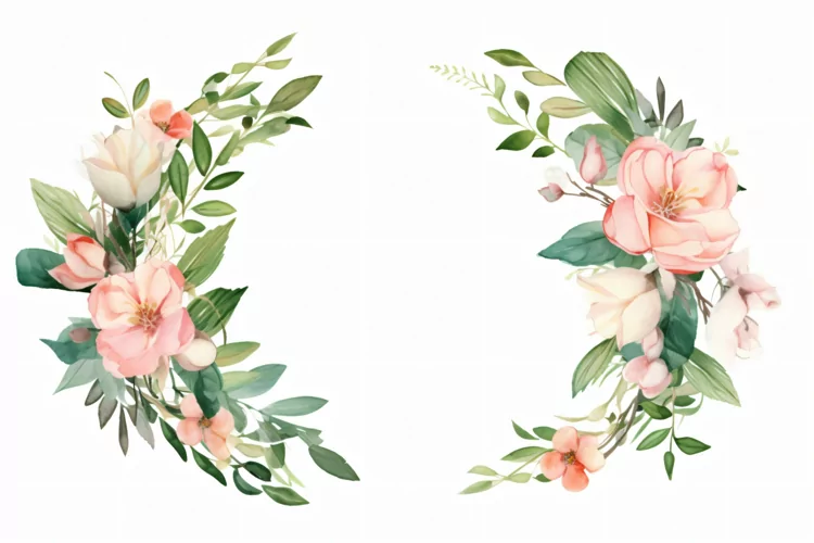 Watercolor floral border wreath with green leaves background