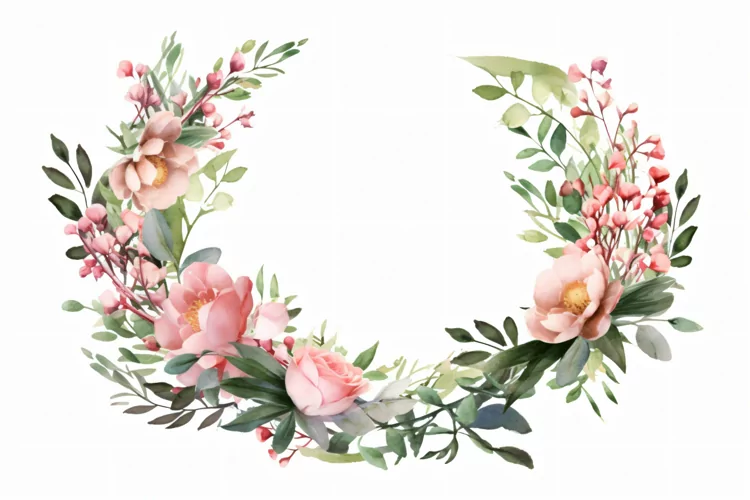 Watercolor floral border wreath with green leaves