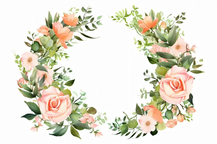 Watercolor floral border wreath with green leaves background