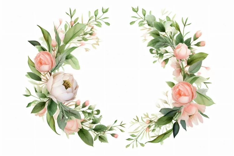 Watercolor floral border wreath with green leaves background