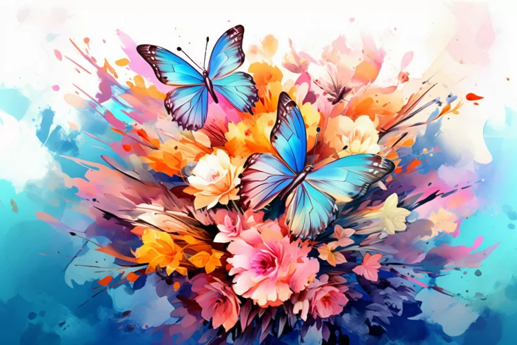Watercolor Floral Background with blue butterflies