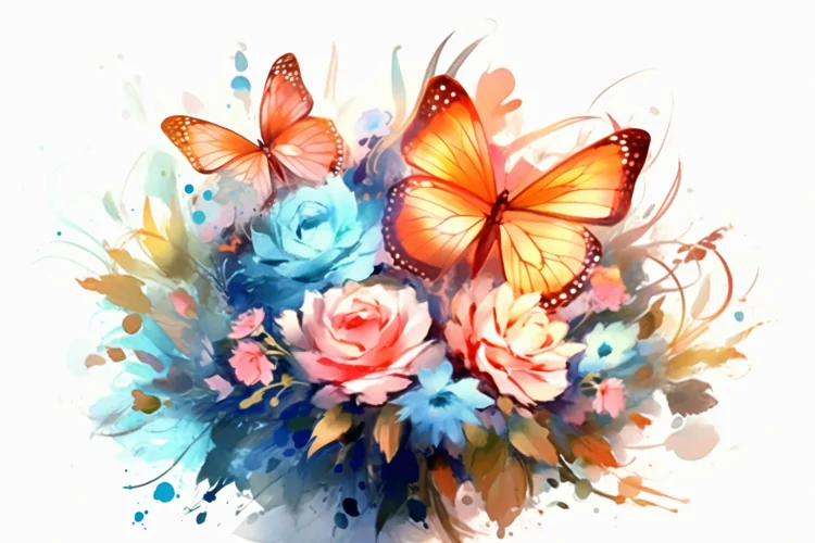 Watercolor Floral Background with blue butterflies