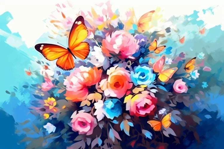Watercolor Floral Background with blue butterflies