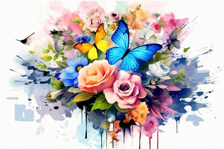 Watercolor Floral Background with blue butterflies
