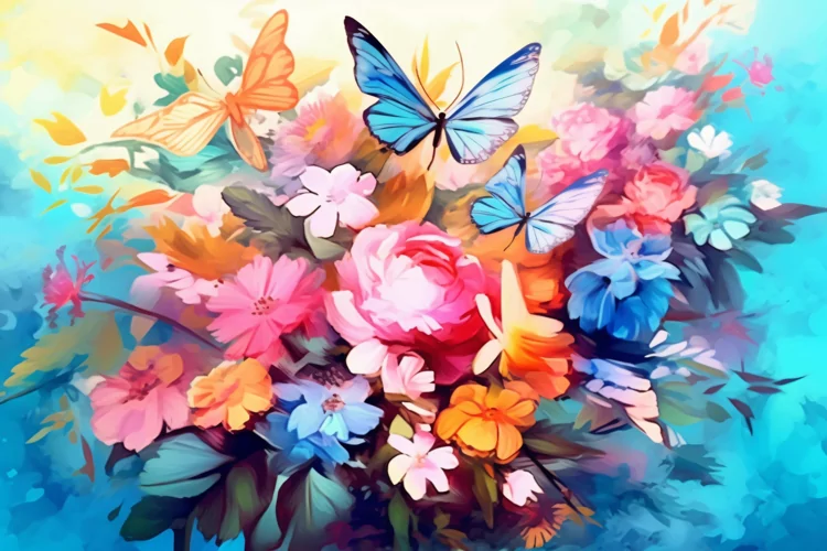 Watercolor Floral Background with blue butterflies