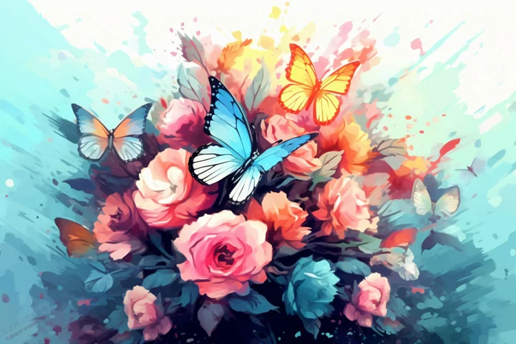 Watercolor Floral Background with blue butterflies