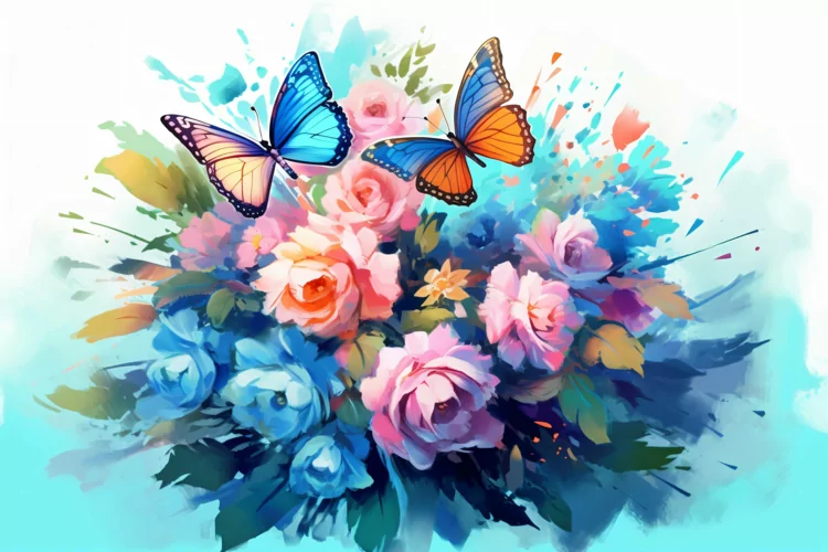 Watercolor Floral Background with blue butterflies