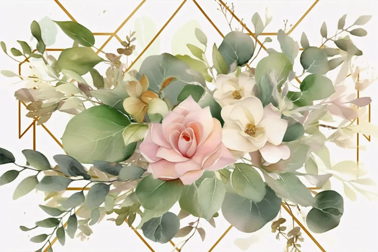 Watercolor Floral Background with Green Leaves