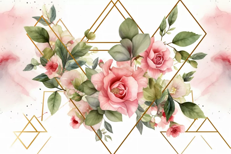 Watercolor Floral Background with golden lines on pink BG