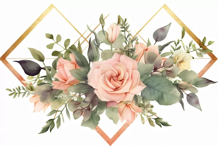 Watercolor Floral Background with golden lines