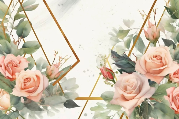 Watercolor Floral Background with golden lines on White BG