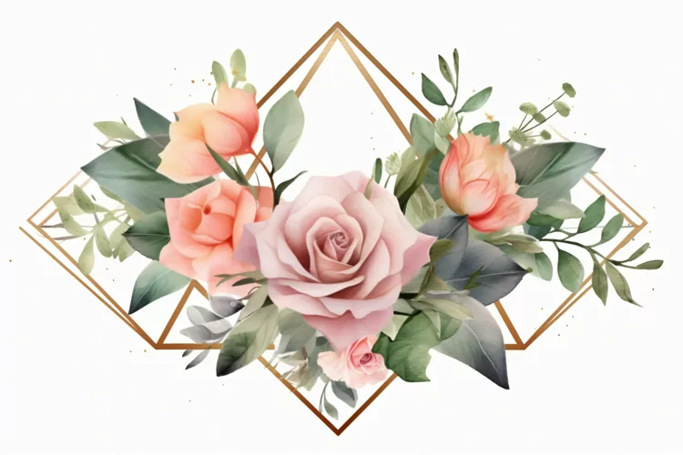 Watercolor Floral Background with golden lines on White BG