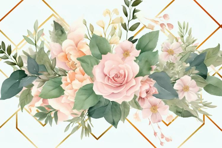 Watercolor Floral Background with golden lines on White BG