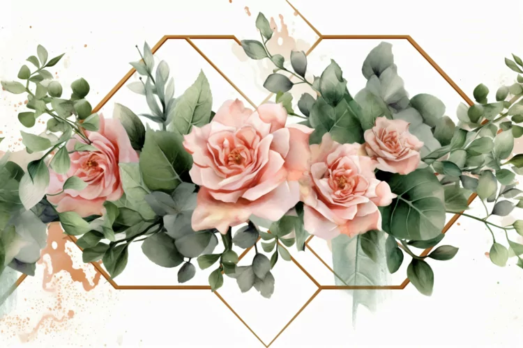 Watercolor Floral Background with golden lines on White BG