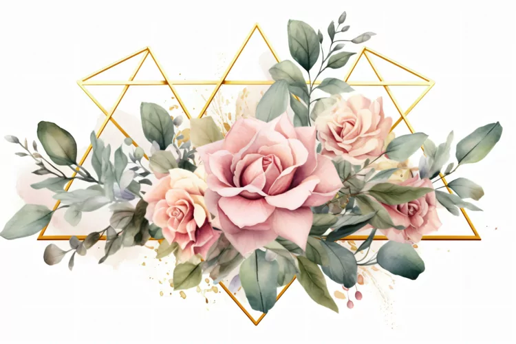 Watercolor Floral Background with golden lines on White BG