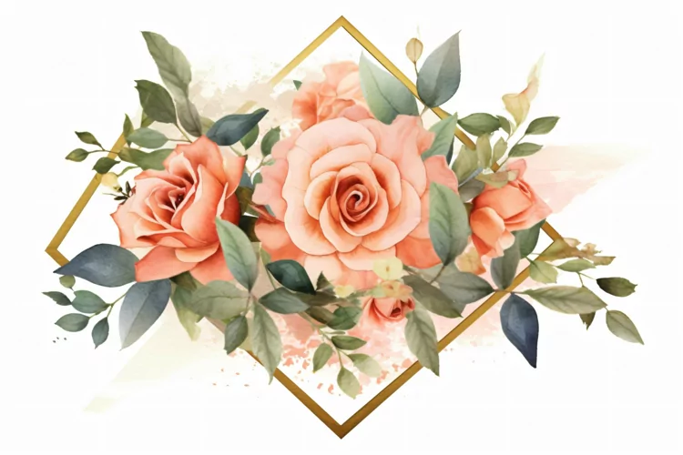 Watercolor Floral Background with golden lines on White BG
