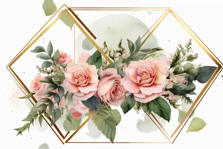 Watercolor Floral Background with golden lines on White BG