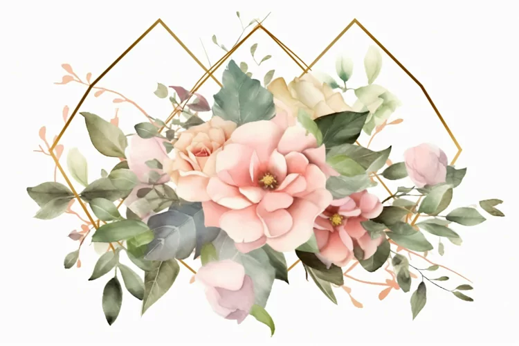 Watercolor Floral Background with golden lines on White BG