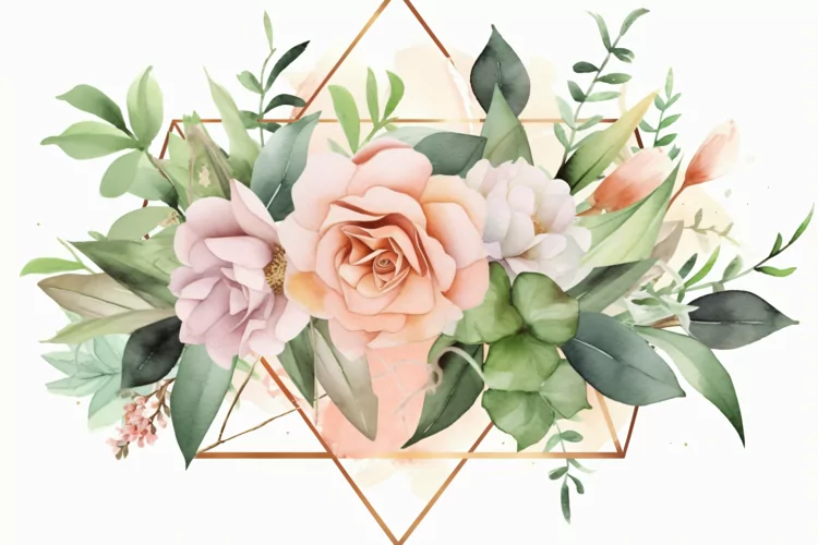 Watercolor Floral Background with golden lines on White BG