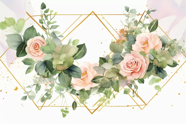 Watercolor Floral Background with golden lines on White BG