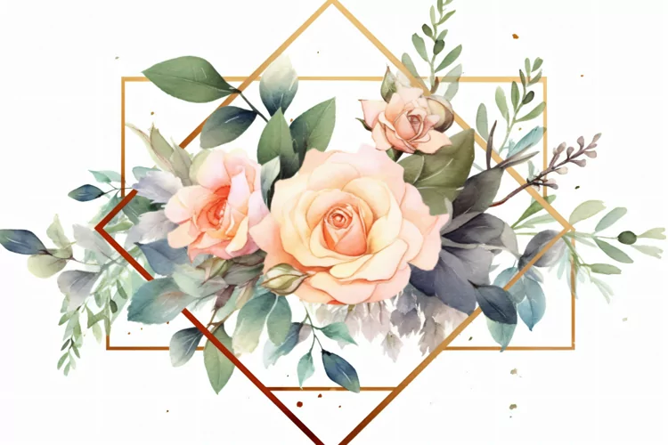 Watercolor Floral Background with golden lines on White BG