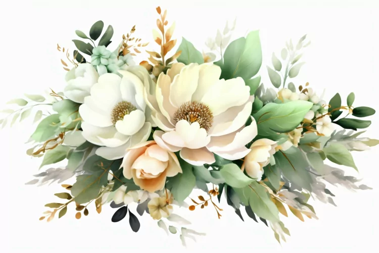 Watercolor Floral Background with Green Leaves on White BG