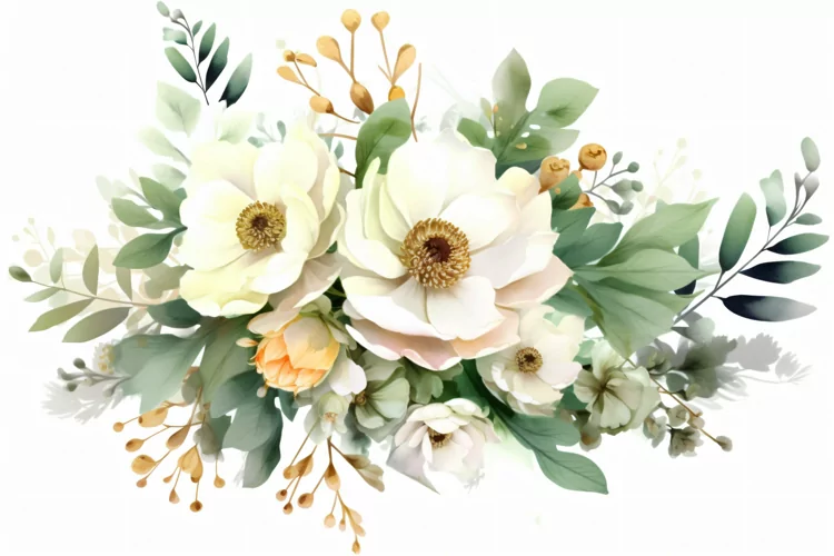 Watercolor Floral Background with Green Leaves on White BG
