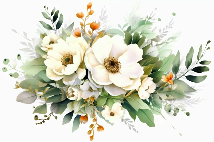 Watercolor Floral Background with Green Leaves on White BG