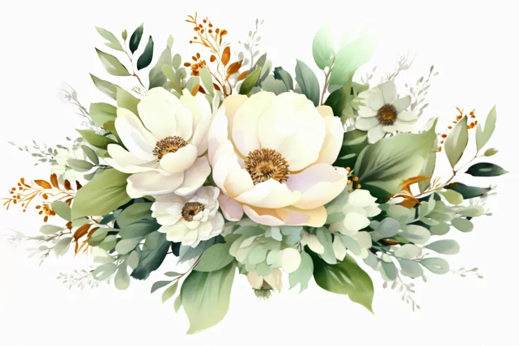 Watercolor Floral Background with Green Leaves on White BG