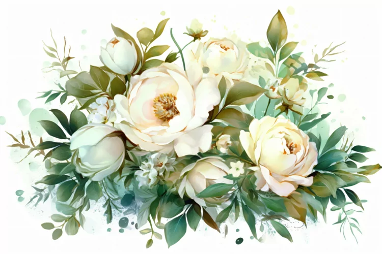 Watercolor Floral Background with Green Leaves on White BG