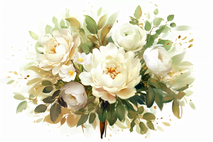 Watercolor Floral Background with Green Leaves on White BG