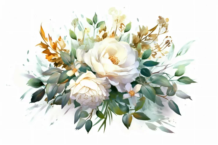 Watercolor Floral Background with Green Leaves on White BG