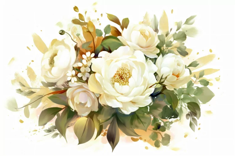 Watercolor Floral Background with Green Leaves on White BG