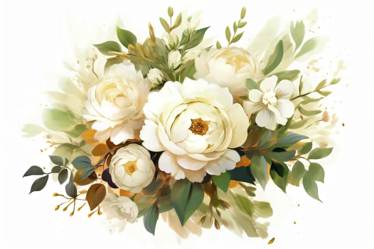 Watercolor Floral Background with Green Leaves on White BG