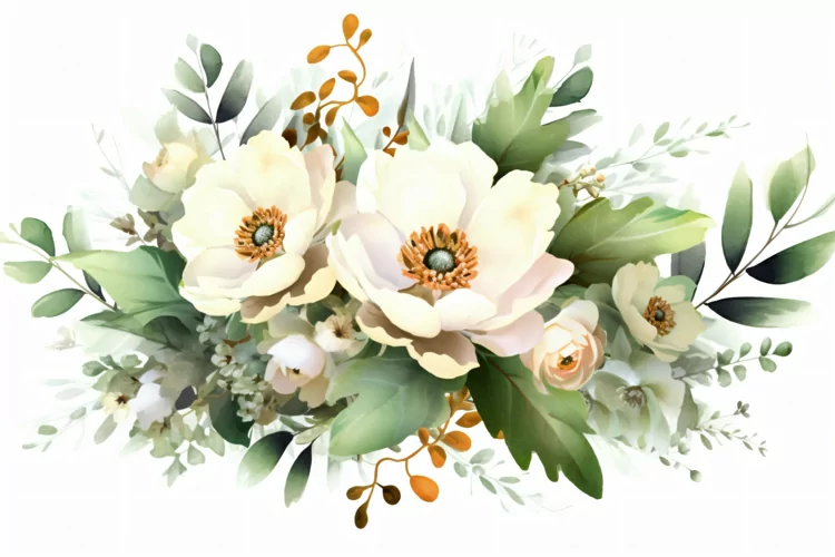 Watercolor Floral Background with Green Leaves on White BG