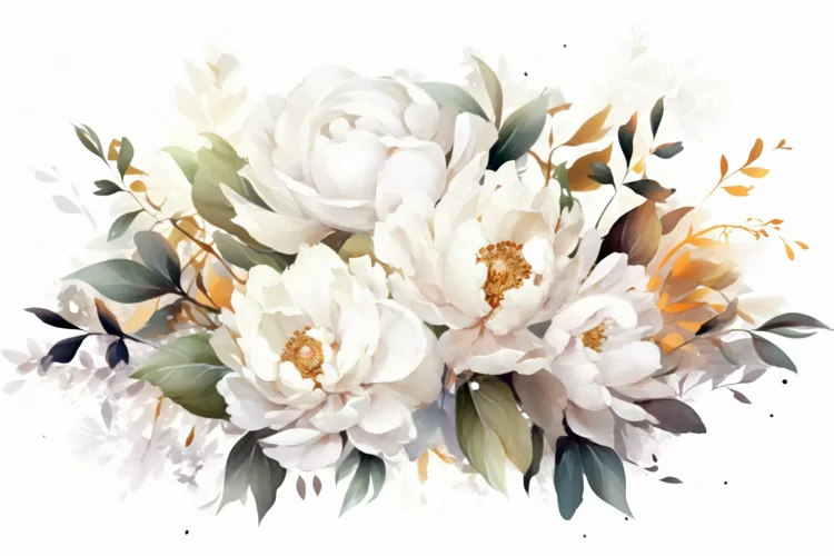 Watercolor Floral Background with Green Leaves on White BG
