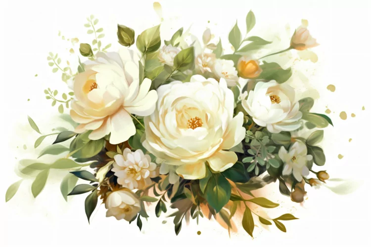 Watercolor Floral Background with Green Leaves on White BG