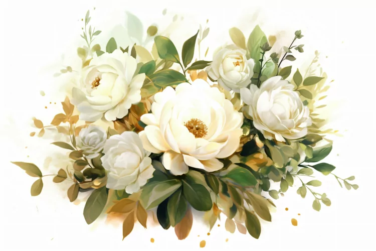 Watercolor Floral Background with Green Leaves on White BG