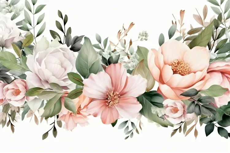 Watercolor Floral Background with Green Leaves on White BG