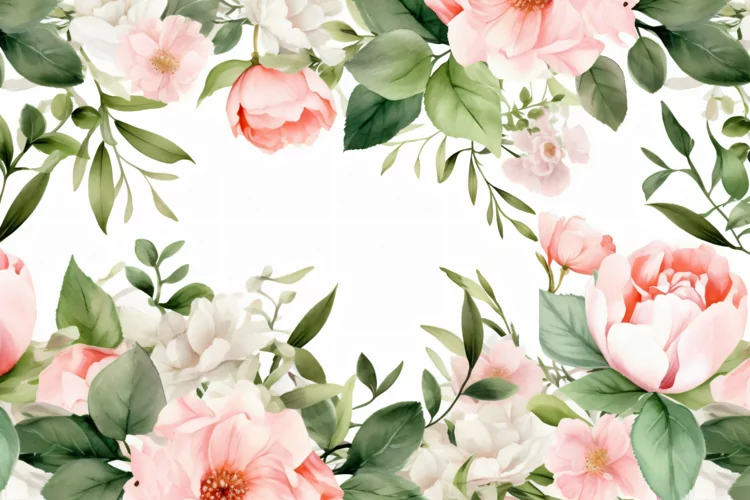 Watercolor Floral Background with Green Leaves on White BG