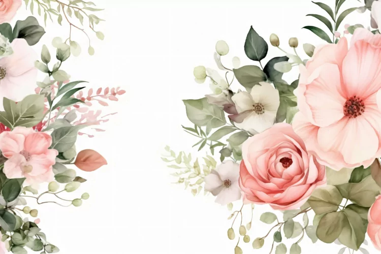 Watercolor Floral Background with Green Leaves on White BG