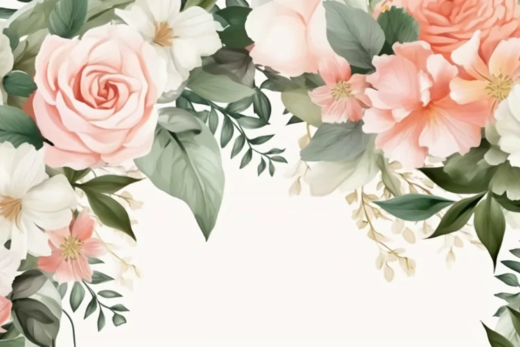 Watercolor Floral Background with Green Leaves on White BG