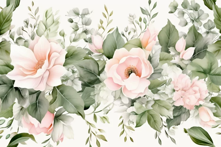 Watercolor Floral Background with Green Leaves on White BG