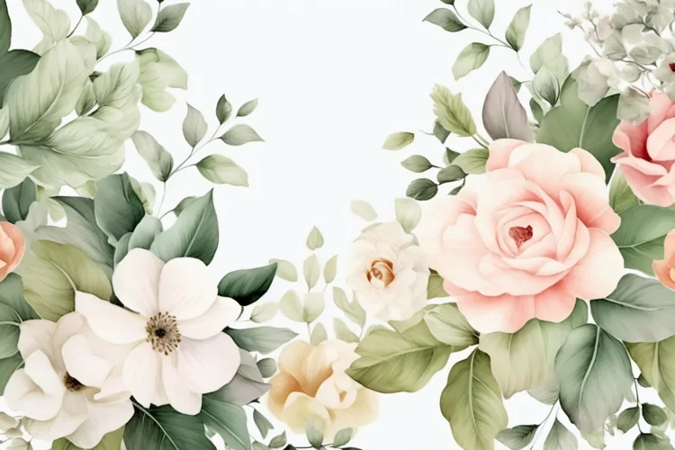 Watercolor Floral Background with Green Leaves on White BG
