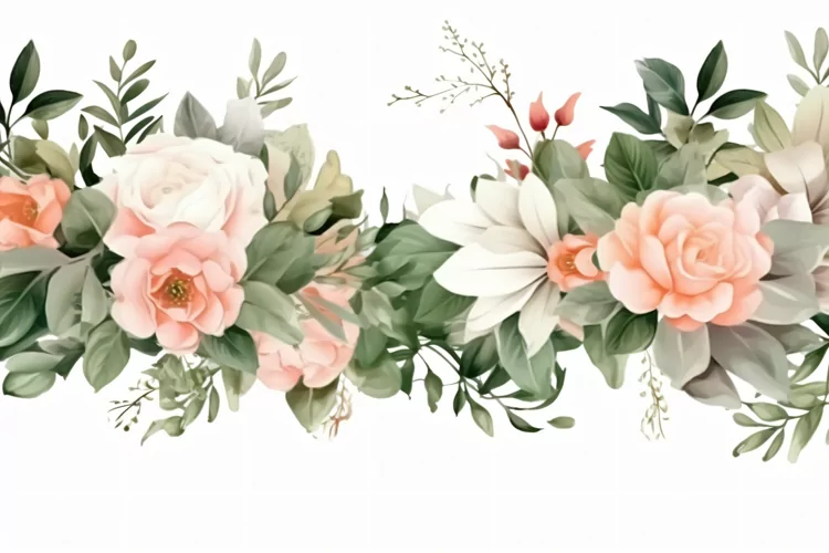 Watercolor Floral Background with Green Leaves on White BG