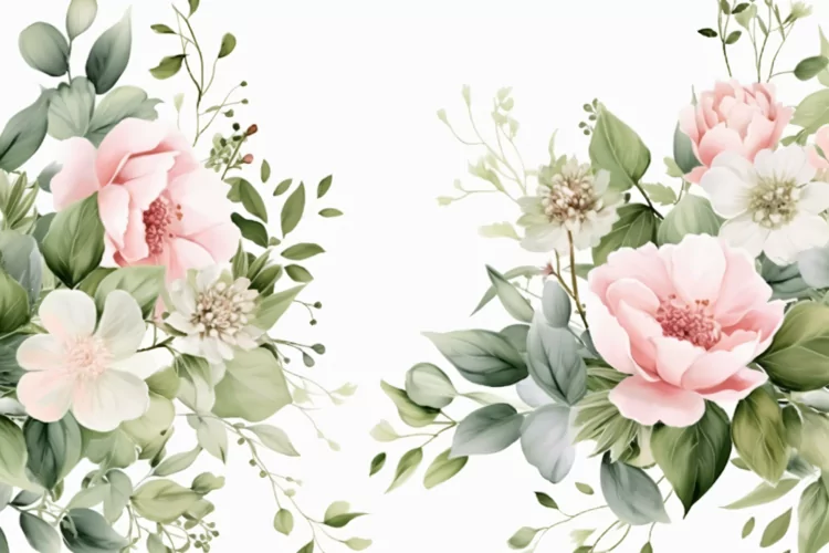 Watercolor Floral Background with Green Leaves on White BG