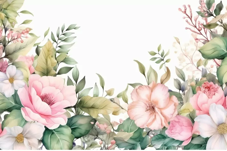 Watercolor Floral Background with Green Leaves on White BG
