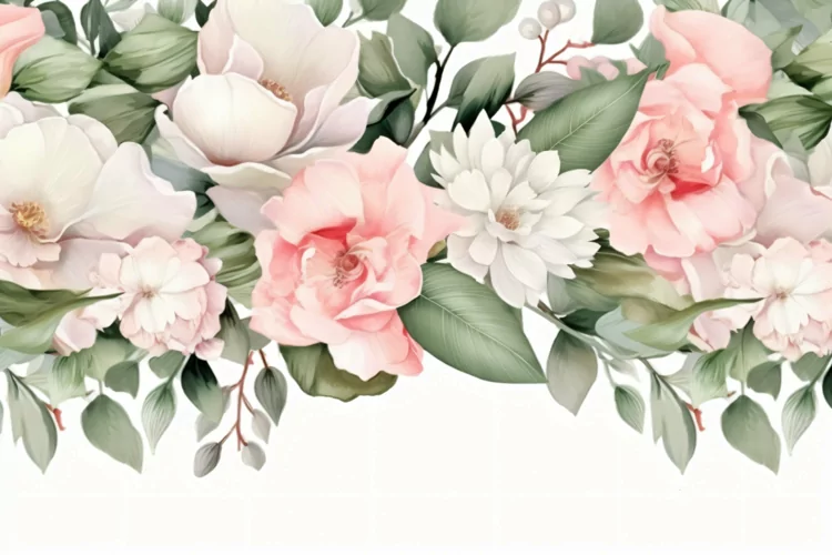 Watercolor Floral Background with Green Leaves on White BG