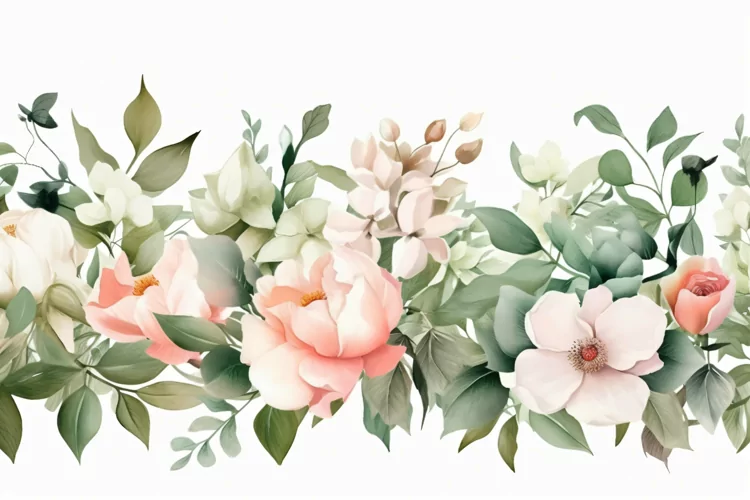 Watercolor Floral Background with Green Leaves on White BG