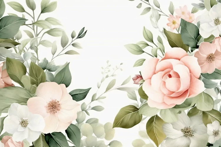 Watercolor Floral Background with Green Leaves on White BG